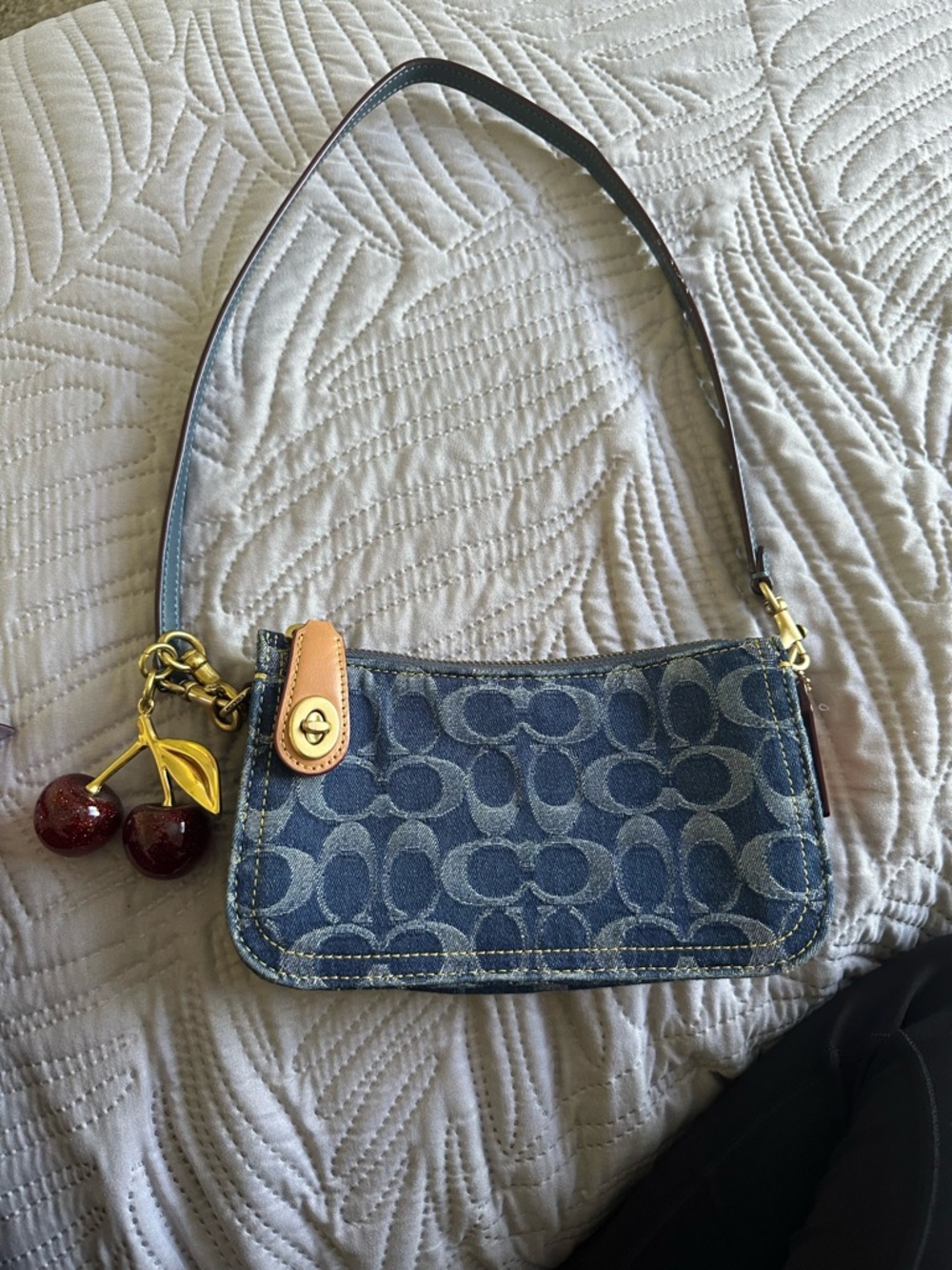 Coach Blue Denim Signature Mini Shoulder Bag with Cherry Charm